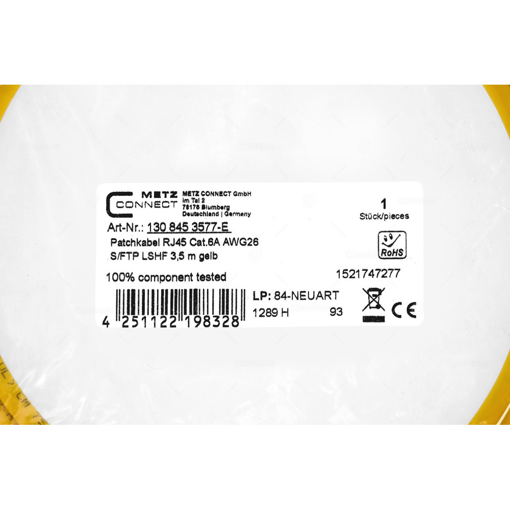 4251122198328 METZ CONNECT PATCHCORD RJ45 CAT.6A AWG26 3.5M YELLOW